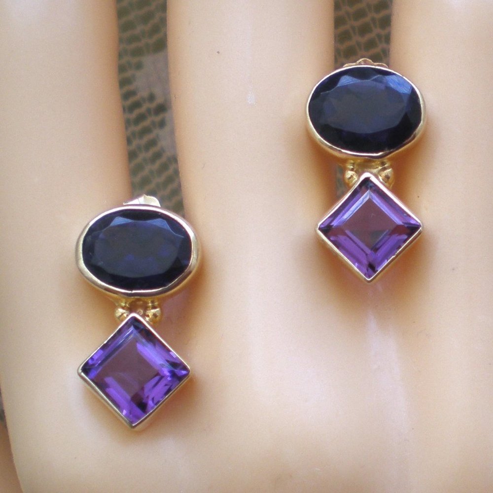 Native American Navajo Edmund Piaso 14k Yellow Gold Iolite Amethyst Earrings